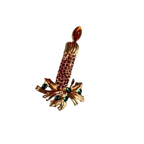 Vintage Santa Candle & Poinsettia Jeweled Christmas Brooch Pin Set Napier Monet - Picture 8 of 11